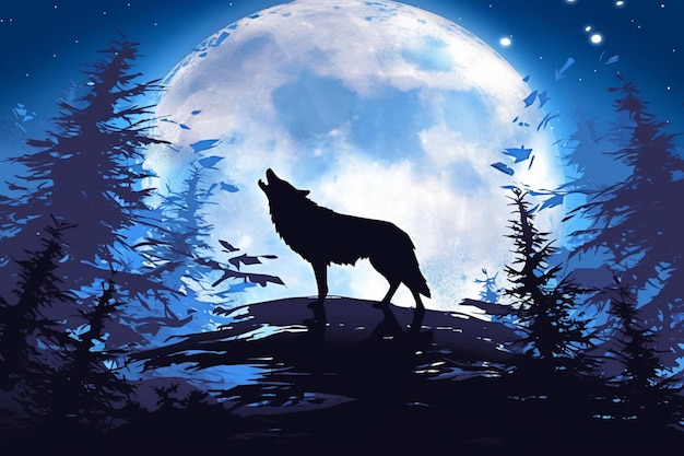 Foto silhouette wolf heult am mond im wald