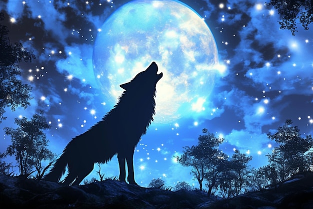Silhouette Wolf heult am Mond im Wald