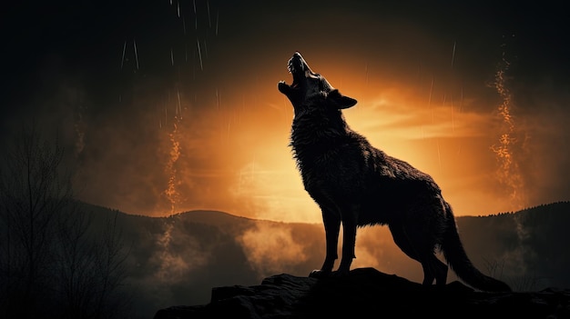Foto silhouette-wolf heult bei vollmond im nebligen hintergrund halloween-horror-konzept