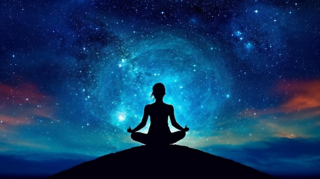 Silhouette yoga las nebulosas del cosmos curan los rayos de energía del cuerpo humano y la IA generativa