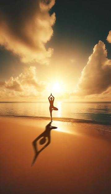 Silhouette Yoga Pose ao pôr-do-sol em Sandy Beach