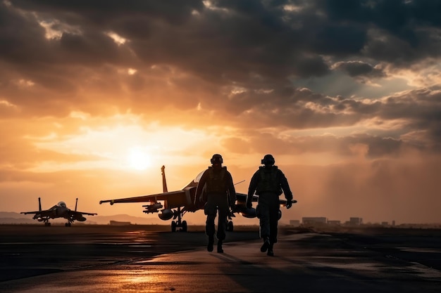 Silhouette zweier Soldaten und eines Flugzeugs auf der Landebahn bei Sonnenuntergang. Militärpiloten laufen auf einem Startplatz, der von der KI generiert wurde