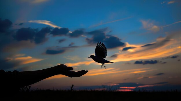 Foto silhouette39s hand und vogel fliegen im wunderschönen himmel