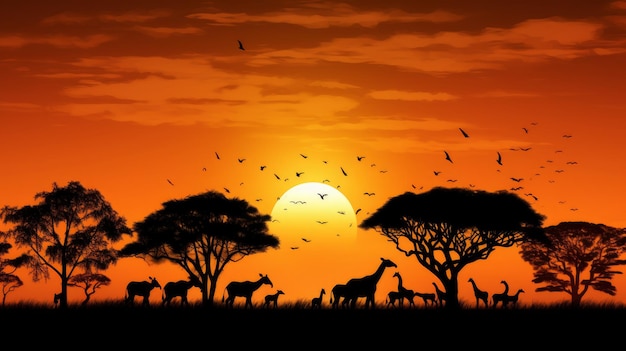 Silhouetten afrikanischer Tiere und Akazien vor einem orangefarbenen Sonnenuntergang. Generative KI