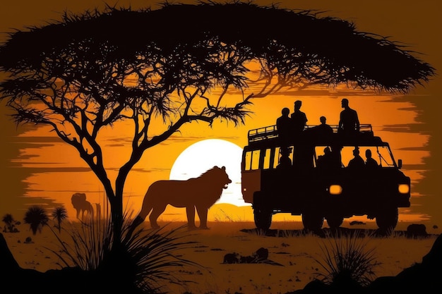Silhouetten bei Sonnenuntergang, Jeep-Safari und generative Löwen-KI