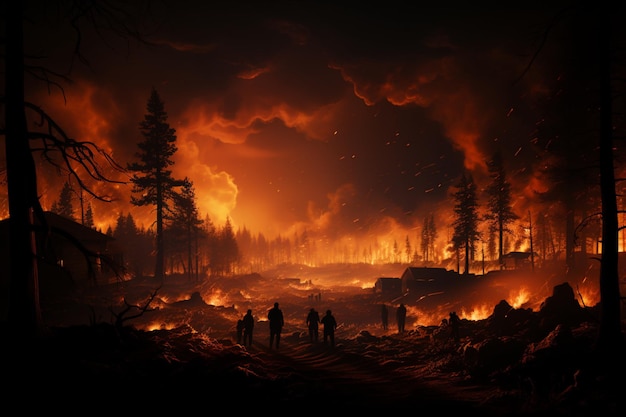 Silhouetten beobachten nachts eine Waldbrandszene
