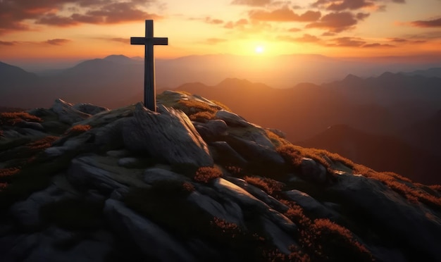 Foto silhouetten des kruzifix-symbols auf dem gipfel des berges mit sonnenlicht generative ki