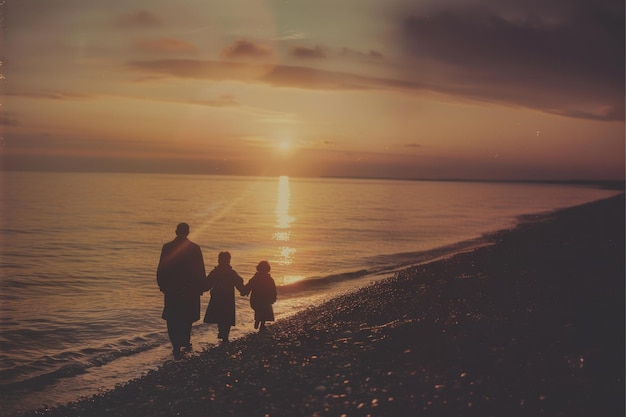 Silhouetten einer dreiköpfigen Familie, die bei Sonnenuntergang am Strand spazieren geht, während die Sonne einen goldenen Glanz auf das ruhige Meer wirft