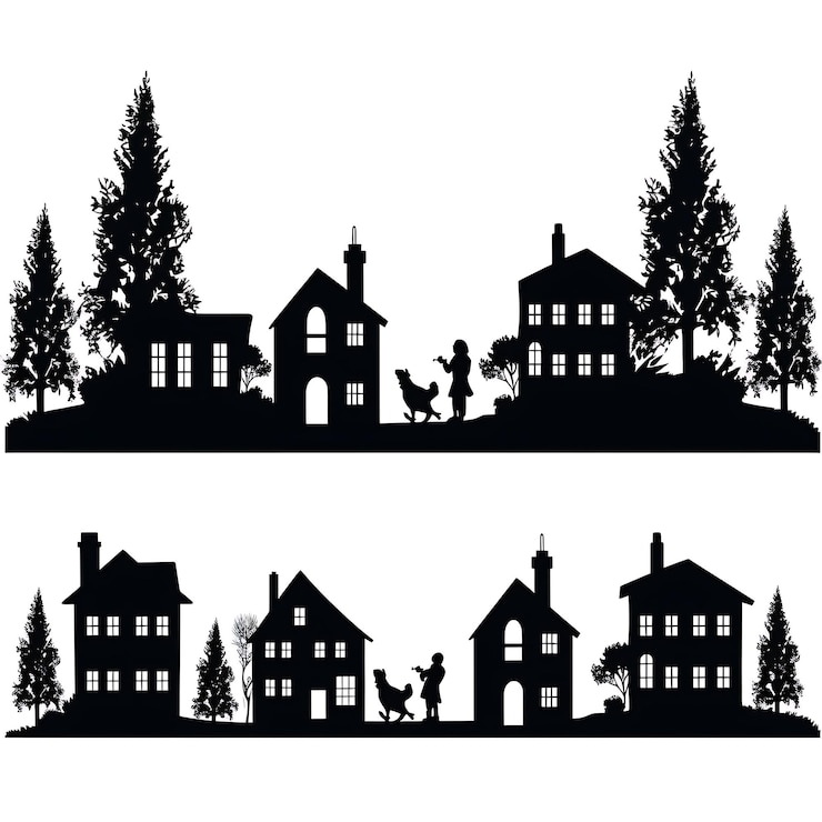 Foto silhouetten einer familie, die vor ihrem haus spazieren geht