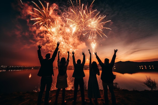 Silhouetten einer Gruppe von Menschen genießen die Feuerwerksshow am Nachthimmel, um die Neujahrsfeiertage zu feiern