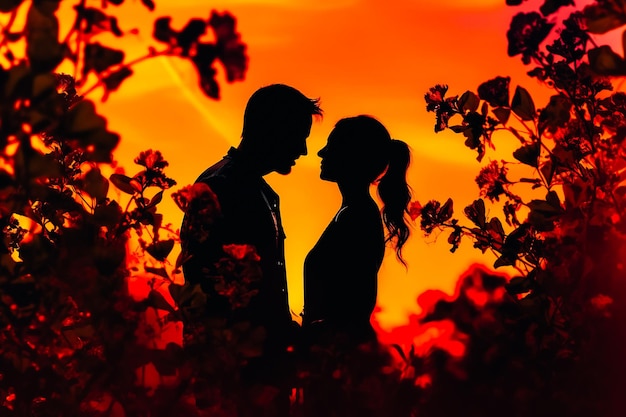 Silhouetten eines Mannes und einer Frau, die sich in Blumen ansehen