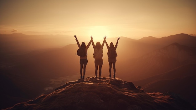 Silhouetten glücklicher Freunde mit erhobenen Händen, die während des Sonnenuntergangs auf einem Berg stehengenerative KI