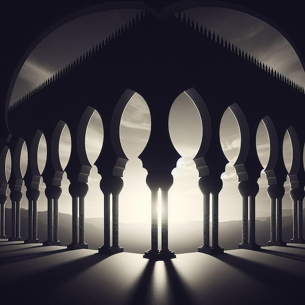 Silhouetten islamischer Bögen in monochromatischem Ton gegen den gradienten Himmel für eine ruhige Atmosphäre