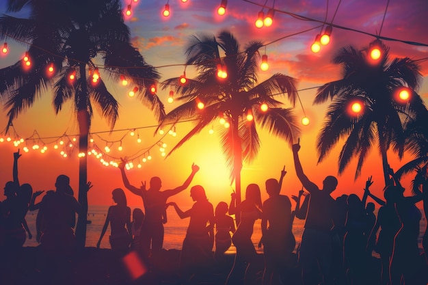 Silhouetten schwanken in einem lebendigen Sonnenuntergang auf einer tropischen Strand-Tanzparty, die die Freude des Sommers darstellt