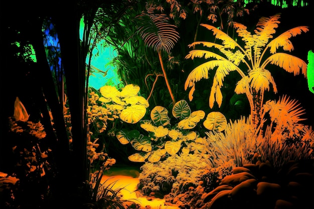 Silhouetten tropischer Palmen auf einem abstrakten Hintergrund mit Neonlicht Reflexion