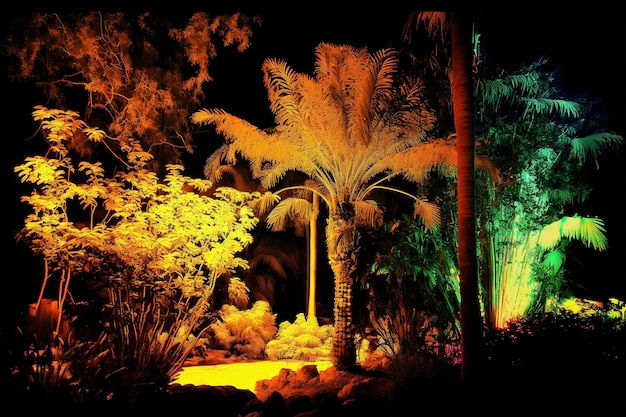 Silhouetten tropischer Palmen auf einem abstrakten Hintergrund mit Neonlicht Reflexion