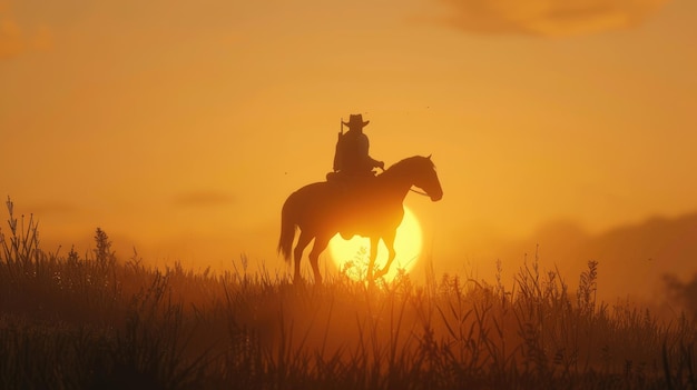 Silhouetten von Cowboys, die bei Sonnenuntergang reiten