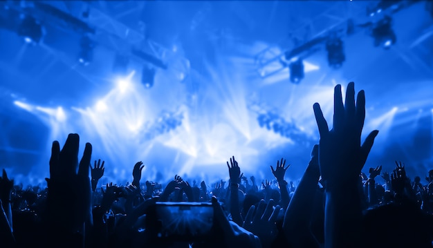 Silhouetten von erhobenen Händen bei einem Musikkonzert. Party im Nachtclub