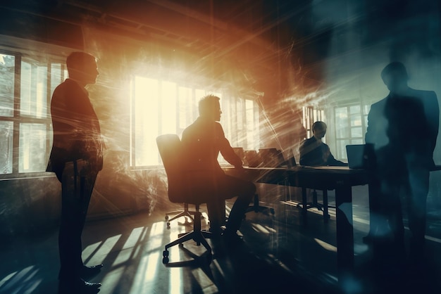 Silhouetten von Geschäftsleuten im Büro bei Sonnenuntergang Mischmedien Generative KI