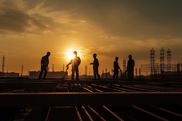 Silhouetten von Ingenieuren auf der Baustelle bei Sonnenuntergang Generative KI