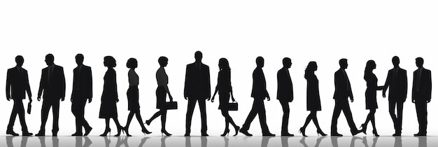 Silhouetten von Männern und Frauen, eine Gruppe stehender und gehender Geschäftsleute, schwarze Farbe, isoliert auf weißem Hintergrund
