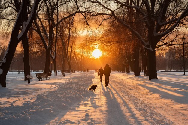 Silhouetten von Menschen, die bei Sonnenuntergang im Schnee laufen