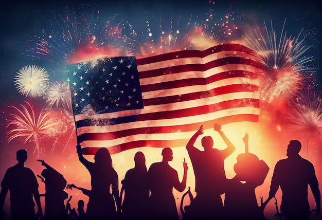 Silhouetten von Menschen, die die US-Flagge halten und den Unabhängigkeitstag des Landes feiern. Generative KI