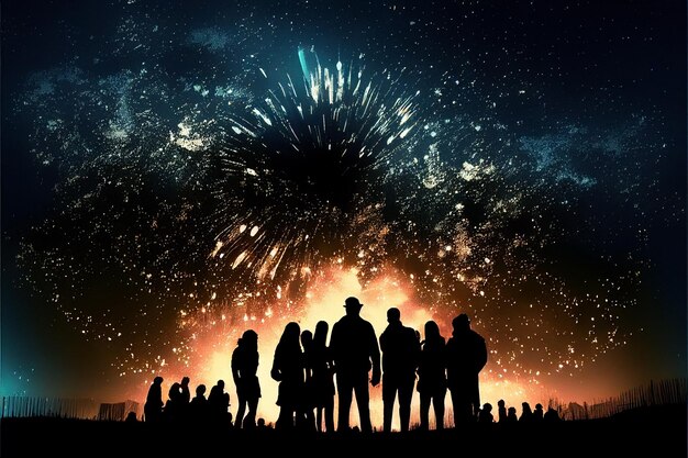 Foto silhouetten von menschen, die feuerwerk am nachthimmel beobachten, generiert von ki