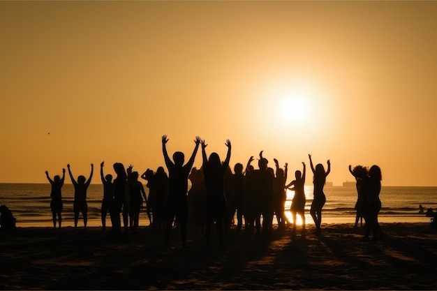 Silhouetten von Menschen, die Sommer-Strandparty-Konzept tanzen