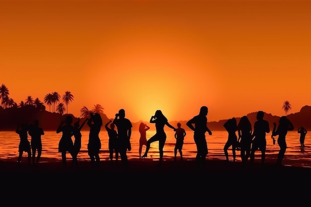 Silhouetten von Menschen, die Sommer-Strandparty-Konzept tanzen
