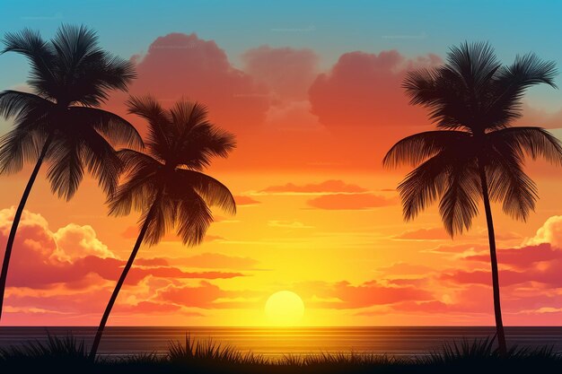 Silhouetten von Palmen vor einem tropischen Sonnenuntergang
