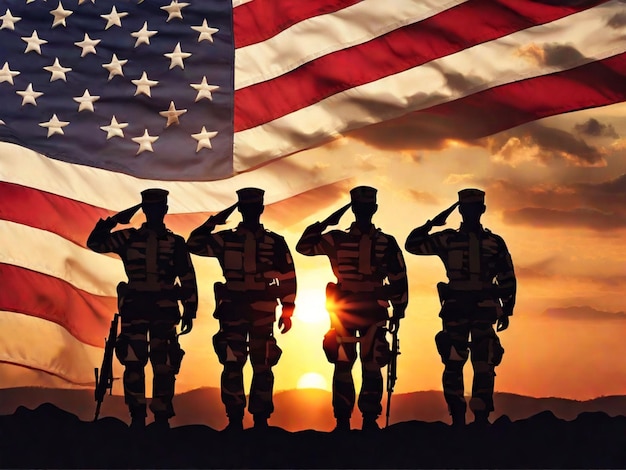 Silhouetten von Soldaten, die die US-Flagge grüßen