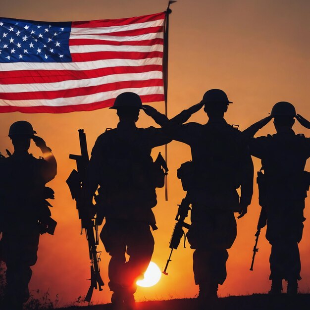 Silhouetten von Soldaten, die die US-Flagge grüßen