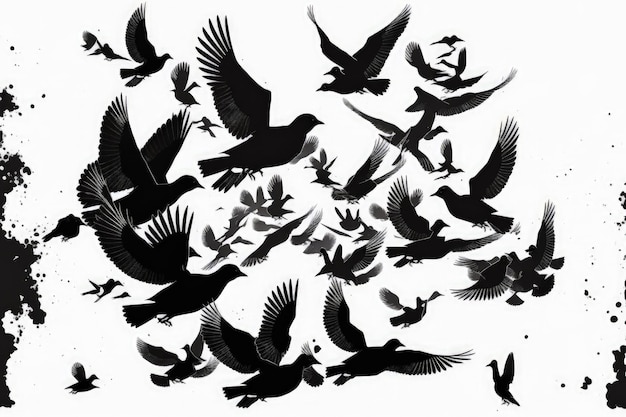 Silhouetten von Tauben Viele Vögel fliegen in den Himmel Bewegungsunschärfe, Isolated on white