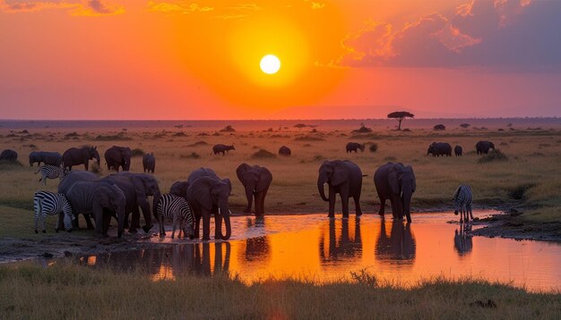 Silhouetten von Wildtieren bei Sonnenuntergang