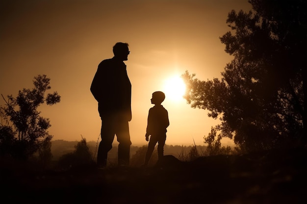 Silhouettenbild von Vater und Sohn stehen vor einem Sonnenuntergang