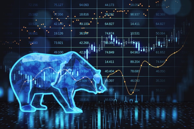 Silhouettenform-Hologramm des Bären auf Finanzbörsendiagramm, das Börsencrash oder Abwärtstrendinvestitionen auf dunklem Hintergrund darstellt 3D-Rendering