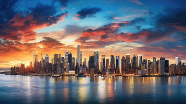 Silhouettenpanorama von Manhattans Innenstadt bei Sonnenuntergang mit Wolkenkratzern und einem lebendigen Himmel über dem East River