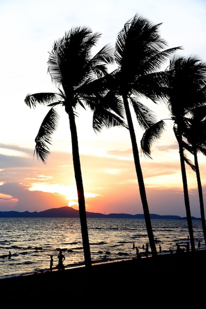 Silhouettieren Sie Strandtouristen-KokosnussPalme-Sonnenuntergangozean auf dem tropischen Strand