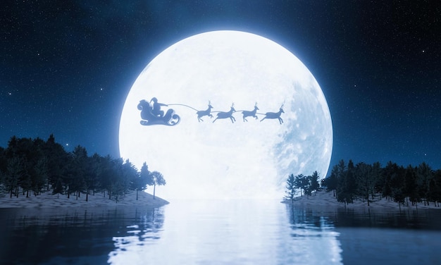 Foto silhouettieren sie weihnachtsmann und rentier mit goldenem magischem schein, der mit dem vollmond in den dunklen himmel fliegt