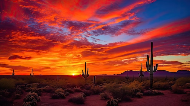 Silhouettierte Kakteen inmitten des feurigen Wüstenhimmels im Saguaro-Nationalpark West in Arizona