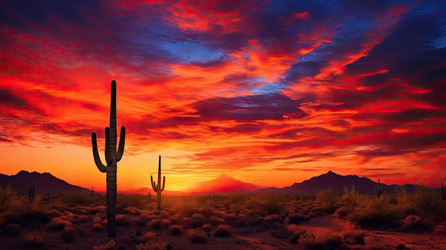 Silhouettierte Kakteen inmitten des feurigen Wüstenhimmels im Saguaro-Nationalpark West in Arizona