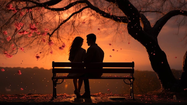 Silhouettiertes Paar sitzt auf einer Bank unter einem Liebesbaum im Valentinshintergrund