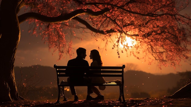 Silhouettiertes Paar sitzt auf einer Bank unter einem Liebesbaum im Valentinshintergrund