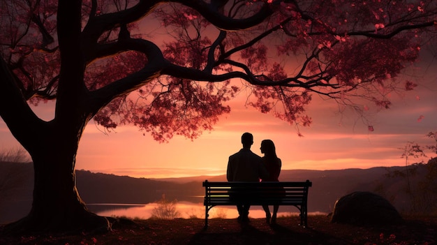 Foto silhouettiertes paar sitzt auf einer bank unter einem liebesbaum im valentinshintergrund