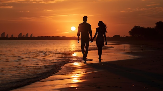 silhoutte feliz pareja en la playa al atardecer