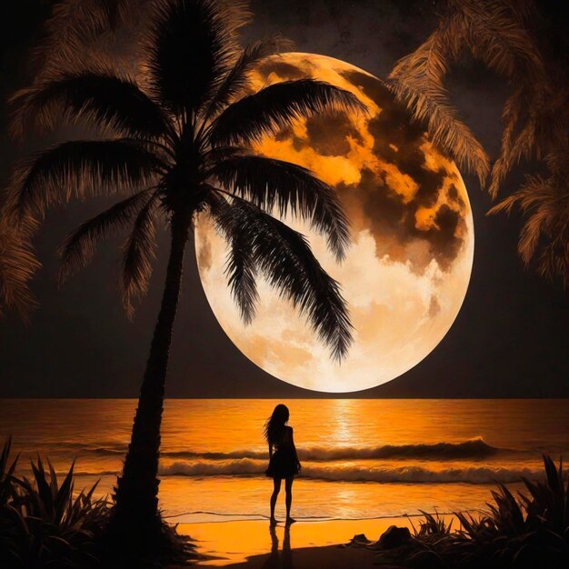 Silhoutte Mädchen mit Palmstrand und Vollmond