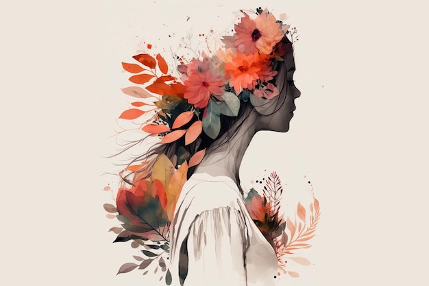 Silhueta abstrata de flores e folhas vermelhas de mulher macia Feminilidade conceito de autoatitude de saúde mental feminina IA generativa