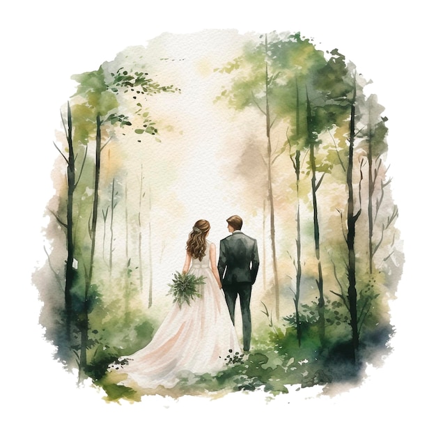 Silhueta de acuarela pareja de amantes que se toman de la mano en el bosque Ilustración de boda en acuarela