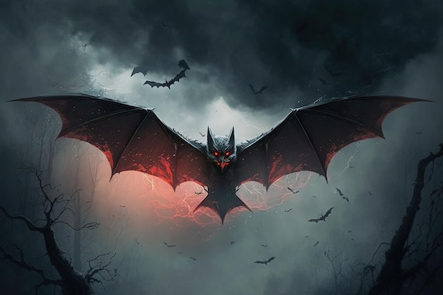 Silhueta assustadora de ilustração de morcego com noite assustadora de céu nublado escuro